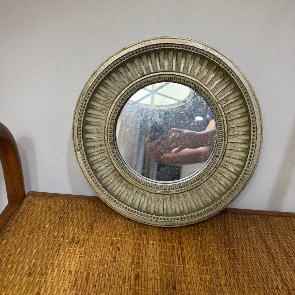 Vintage Sunburst Wall Mirror Cream Gold Ribbed Beaded Round Made in Mexico